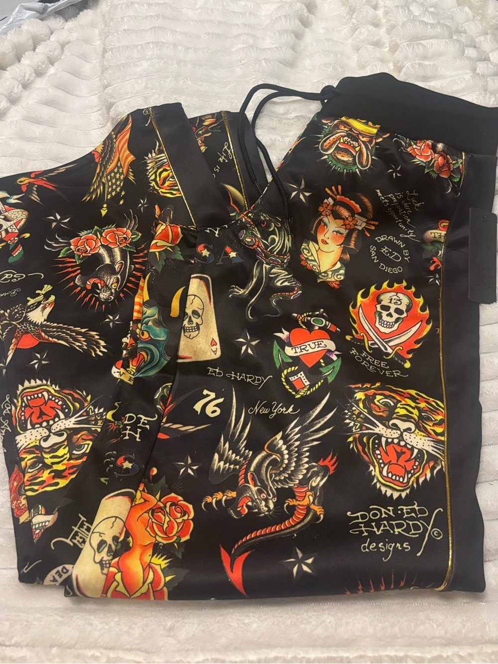 Ed Hardy Black Tattoo-Print Track Joggers with Multicolor Graphics Size XS NWT